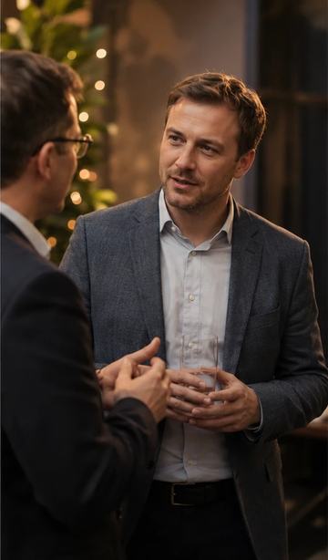 A man talks with one other person, using his hands as he speaks