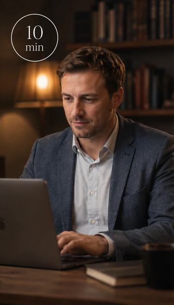 A man reads at his laptop in an armchair