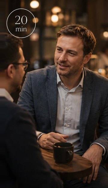 A man talks with another person at a table in a coffee shop
