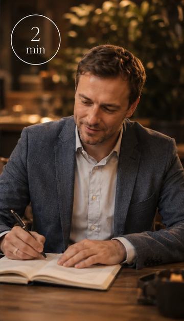 A man writes with a pen in an open workbook