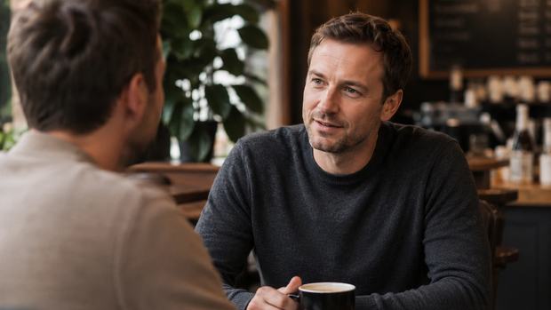 Two men in everyday clothes sit over coffee and talk