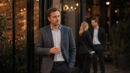 A man stands alone by the entrance holding a glass